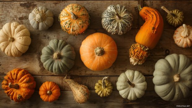 Desktop Backgrounds Pumpkin, An artistic overhead shot of various pumpkins in different shapes and sizes, artistically placed on a wooden surface.