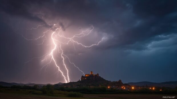 Desktop Lightning HD Wallpapers, A crisp and clear image of lightning illuminating a historic castle during a storm.