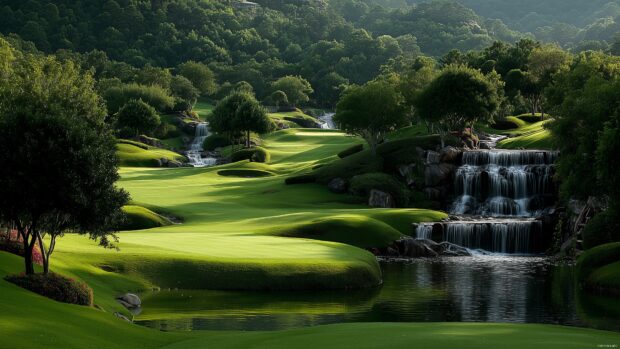 Desktop golf backgrounds, A picturesque view of rolling greens and a distant waterfall on a golf course, merging tranquility with beauty.