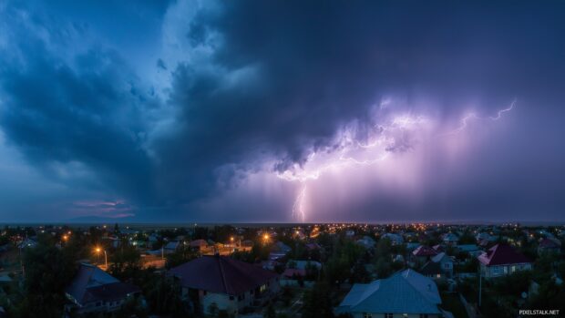 Desktop lightning storm atmosphere, A panoramic view of a lightning storm over a quiet town, houses silhouetted against the electric sky.
