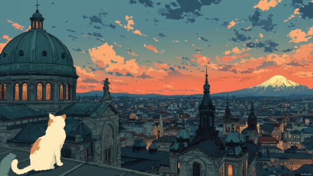 Desktop wallpaper anime cat lovers showcasing an enchanting cityscape with cats.