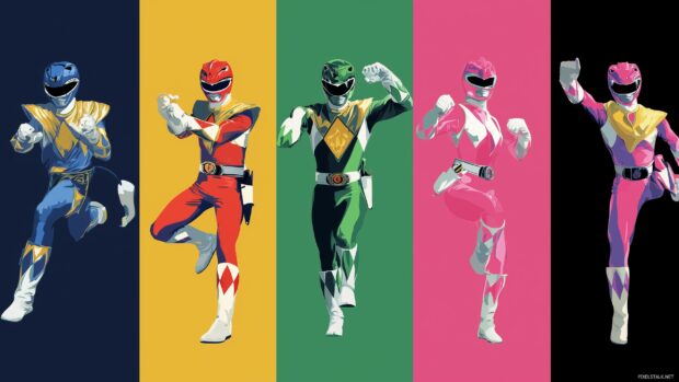 Detailed Power Rangers desktop wallpapers featuring the Rangers in their iconic poses.
