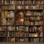 Detailed wallpaper of library bookshelves overflowing with books, inviting users to lose themselves in literature