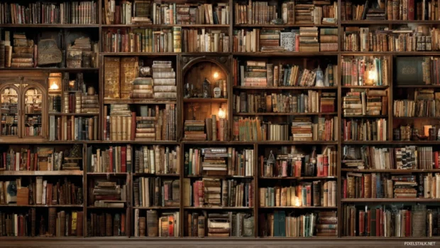 Detailed wallpaper of library bookshelves overflowing with books, inviting users to lose themselves in literature.