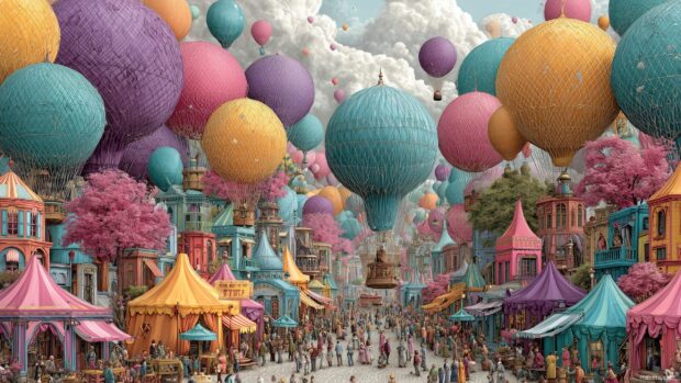 Digital art backgrounds featuring a whimsical carnival scene bursting with colors.
