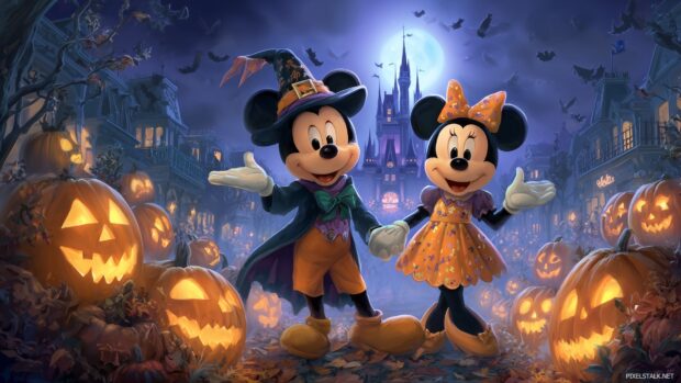 Disney Halloween Backgrounds, A vibrant Halloween night scene featuring Mickey and Minnie Mouse in costumes surrounded by pumpkins and bats.