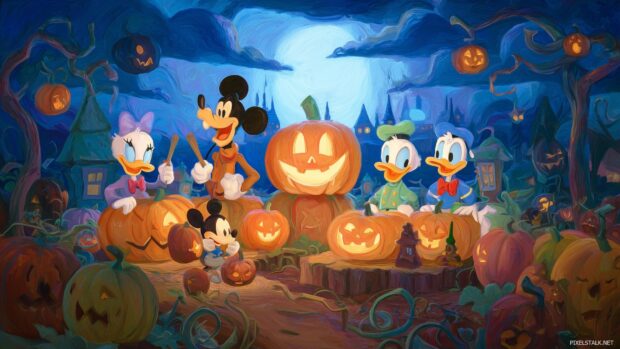 Disney Halloween Backgrounds, A whimsical pumpkin patch with characters like Goofy and Donald Duck carving jack o' lanterns.