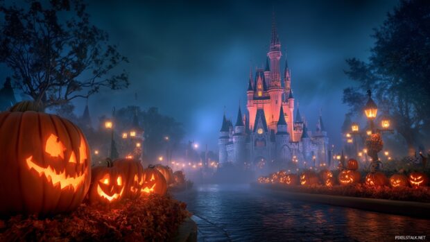 Disney Halloween Wallpapers, The iconic Cinderella Castle transformed with spooky decorations, glowing pumpkins, and eerie fog surrounding it.