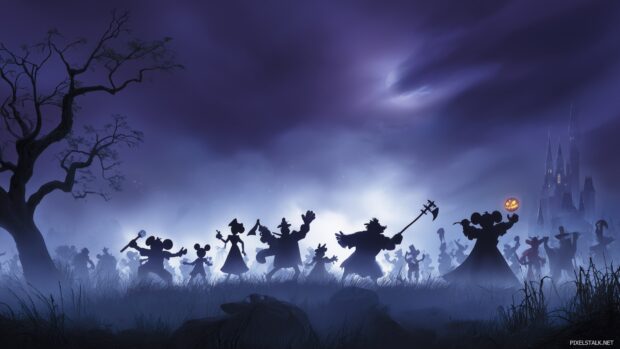 Disney Haunted Backgrounds, A dark and misty landscape with the silhouettes of Disney heroes and villains preparing for a Halloween showdown.