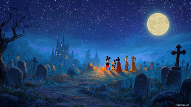 Disney Haunted Backgrounds, A graveyard scene with classic Disney characters paying tribute to Halloween night under a starry sky.