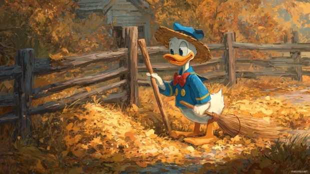 Disney autumn background hd depicting Donald Duck raking leaves beside a rustic wooden fence in crisp autumn air.