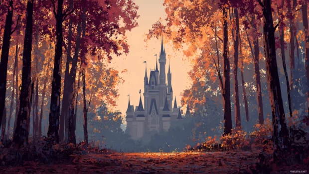 Disney autumn desktop background showing Cinderella castle nestled in a forest of amber and russet leaves at dawn.