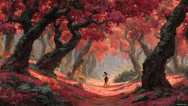 Disney autumn forest wallpaper featuring Goofy wandering through tall oak trees carpeted in scarlet leaves.