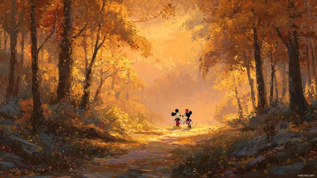 Disney fall desktop wallpaper portraying Mickey and Minnie strolling through golden autumn trees under warm sunset glow.