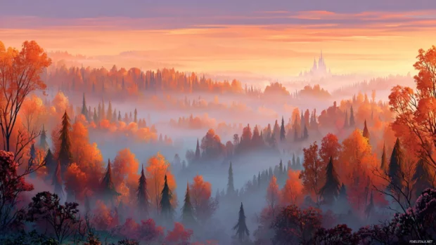 Disney fall scenery wallpaper illustrating a panoramic vista of orange and red forest with Aurora peeking through morning mist.