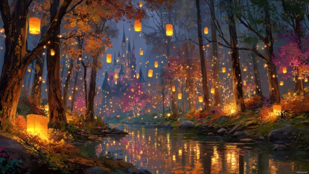 Disney fall wallpaper 4k capturing HD scene of enchanted woodland with floating lanterns and vibrant fall foliage.