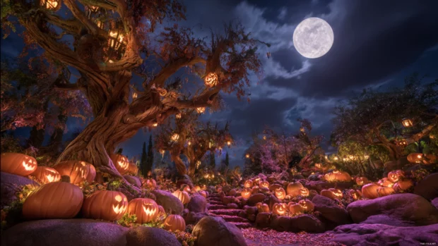 Disney halloween fall wallpaper showcasing a spooky wood filled with carved pumpkins and flickering lights under a full moon.