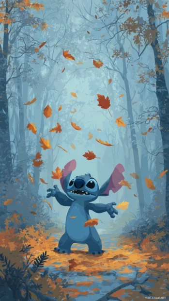 Disney stitch fall wallpaper iPhone layout depicting Stitch tossing leaves in a misty autumn forest scene.