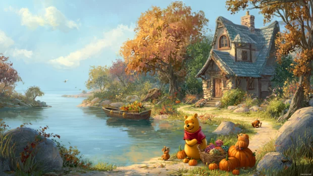 Disney thanksgiving desktop wallpaper showing Winnie the Pooh gathering pumpkins and acorns by a lakeside in autumn hues.