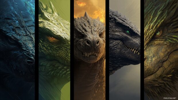 Diverse Godzilla images for desktop wallpaper that highlight different aspects of the monster lore.