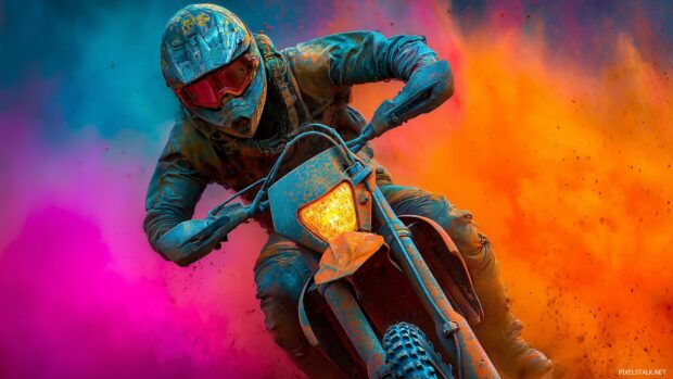 Download free HD dirt bike wallpapers with a vibrant and colorful representation of dirt biking adventures.
