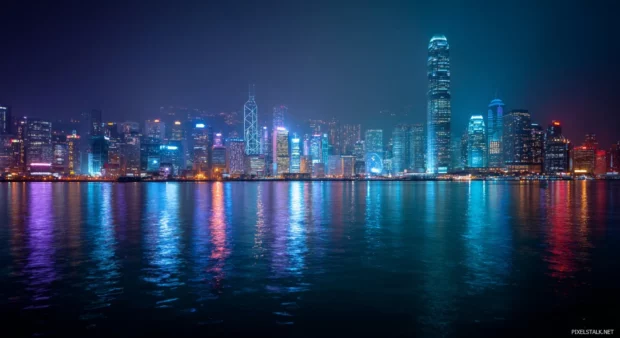 Download free HD wallpaper featuring breathtaking cityscapes illuminated by night, ideal for a modern PC desktop background.