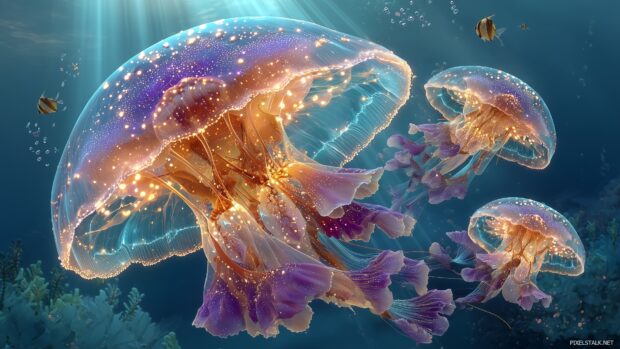 Download high resolution wallpaper hd depicting a surreal underwater world with glowing jellyfish and ethereal surroundings.