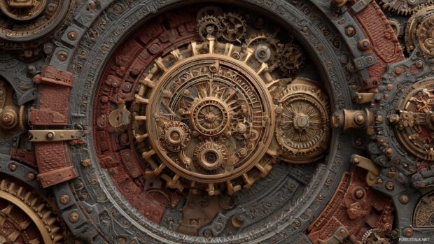 Download high resolution wallpaper hd presenting an intricate steampunk design with gears and vintage machinery.