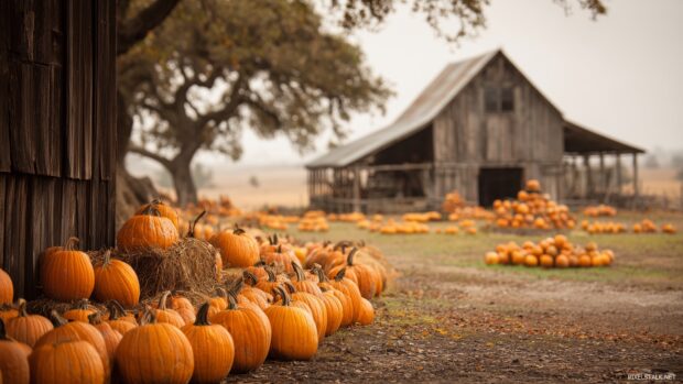 Downloadable Pumpkin Wallpapers, A charming farm scene with a barn in the background and a variety of pumpkins lined up in front, capturing the essence of autumn.