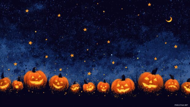 Downloadable Pumpkin Wallpapers, A whimsical Halloween themed arrangement featuring carved pumpkins with glowing faces set against a night sky.