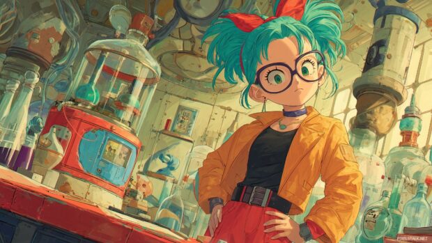 Dragon Ball Z Anime Wallpapers, Bulma showcasing her latest invention in a lab, bold lines, bright colors.