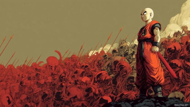 Dragon Ball Z Characters Wallpapers, Krillin bravely standing against an army of enemies, bold lines, dramatic shadows.