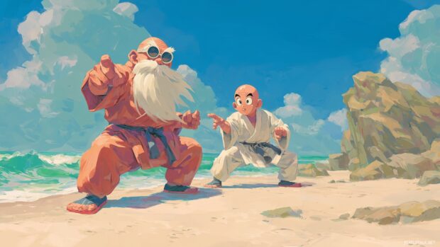 Dragon Ball Z Characters Wallpapers, Master Roshi teaching martial arts on a beach, bold lines, lively colors.