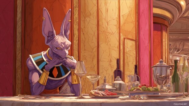 Dragon Ball Z Desktop Wallpapers, Beerus contemplating a meal in a luxurious setting, bold lines, rich textures.