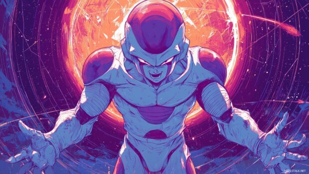 Dragon Ball Z Desktop Wallpapers, Frieza in a menacing pose with a galactic backdrop, bold lines, intense colors.