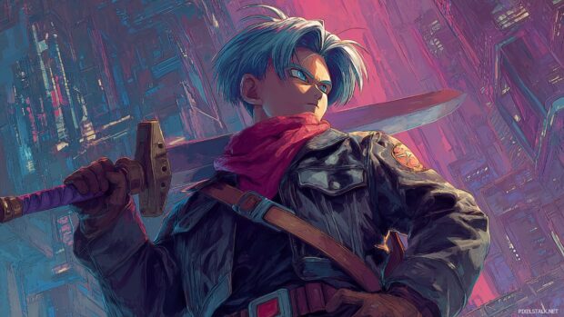 Dragon Ball Z Fan Art Wallpapers, Trunks holding his sword ready for battle in a futuristic city, bold lines, rich details.