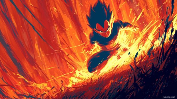 Dragon Ball Z HD Backgrounds, Vegeta unleashing a fierce attack in the middle of a fiery battlefield, bold lines, dramatic lighting.