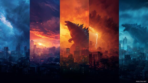 Dramatic Godzilla movie wallpapers for desktop showcasing epic battles and cityscapes.
