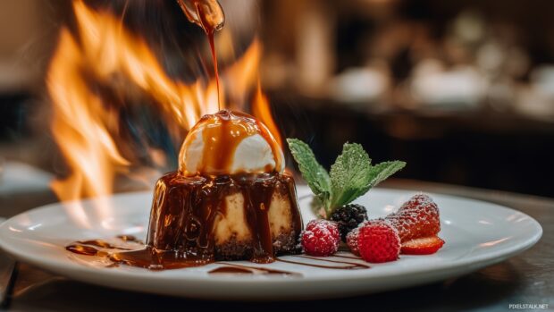 Dramatic food images HD of a flaming dessert being served in a trendy restaurant.