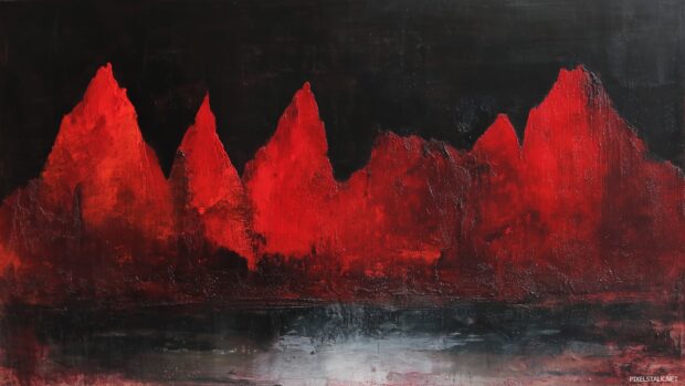 Dramatic red and black landscape, An abstract landscape with tall red peaks contrasted against a shadowy black ground, evoking drama and intensity.