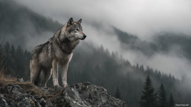 Dramatic wolf images for desktop illustrating an alpha wolf in a misty mountain landscape.