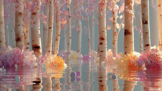 Dreamy birch woodland backgrounds with floating orbs and soft pastel colors.
