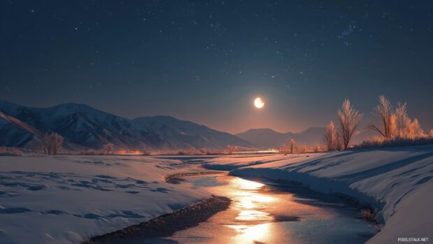 Dreamy snowy nights wallpapers HD where the moonlight reflects off the snow, creating an ethereal glow in a quiet landscape.