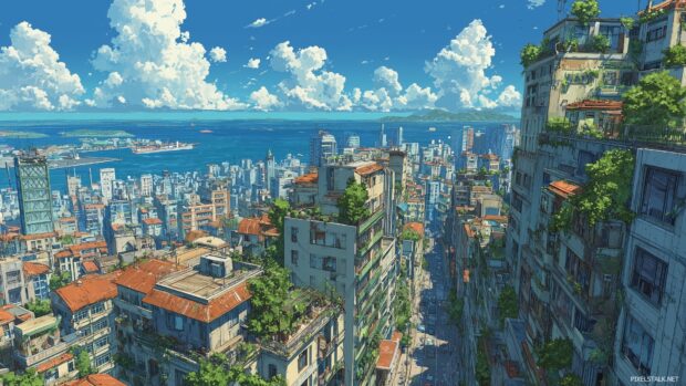 Dynamic futurist cities in 1080p anime scenery backgrounds.