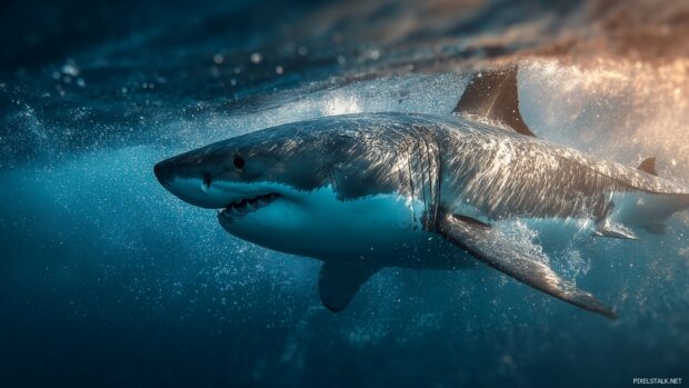 Dynamic shark backdrop illustrating the power and elegance of these magnificent creatures in motion.