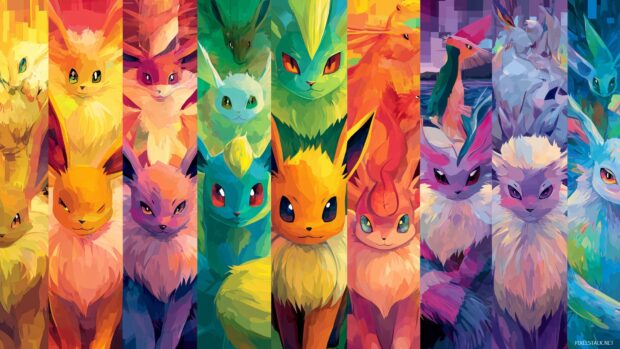 Eevee evolution wallpapers, A vibrant and colorful collage of all Eeveelutions showcasing their unique attributes and styles,.