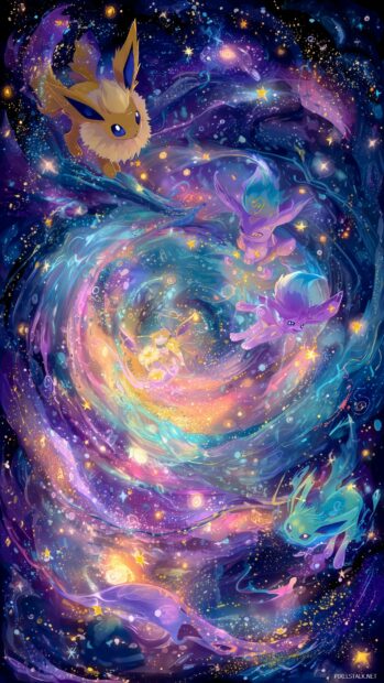 Eeveelution Art Wallpapers, An artistic representation of Eeveelutions in a cosmic adventure, swirling through vibrant galaxies.