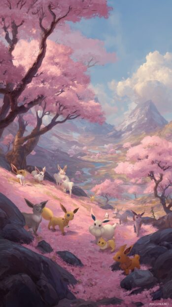 Eeveelutions Wallpapers, A dreamy landscape filled with cherry blossom trees, where each Eeveelution is basking in the soft pink petals.