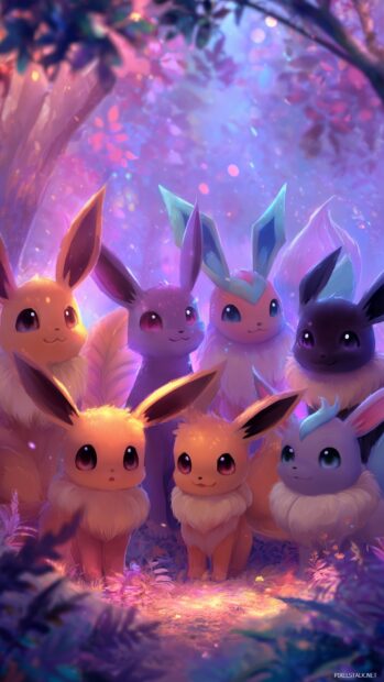 Eeveelutions Wallpapers HD, A vibrant illustration of all Eeveelutions against a mystical forest backdrop, soft focus on their adorable features.