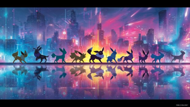 Eevelelution desktop wallpapers, A futuristic cityscape where all Eeveelutions are depicted in action poses against a neon skyline,.